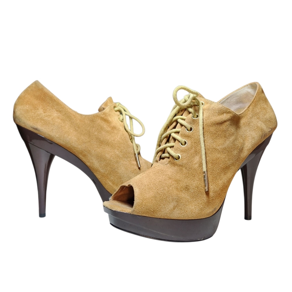 Vintage Y2K Michael Kors Suede Lace Peep‎ Toe Stiletto Platform Heels Bootie 9.5